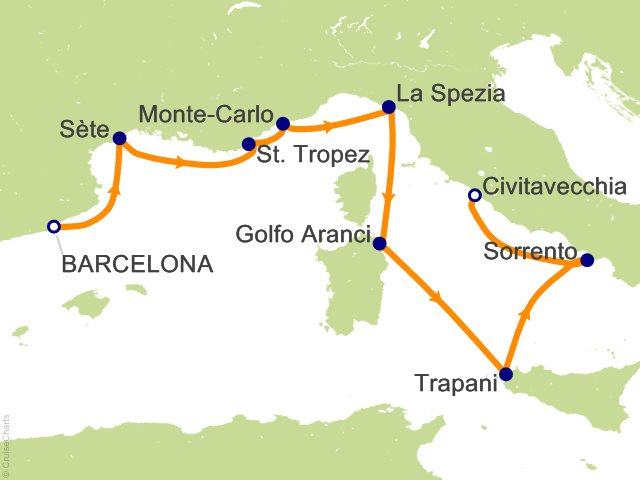 Seven Seas Grandeur Voyage GRA270729 itinerary map from BARCELONA to ROME (CIVITAVECCHIA), July 29-August 7 2027, 9 days