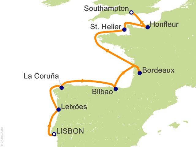 Seven Seas Grandeur Voyage GRA270817 itinerary map from LISBON to LONDON (SOUTHAMPTON), August 17-27 2027, 10 days