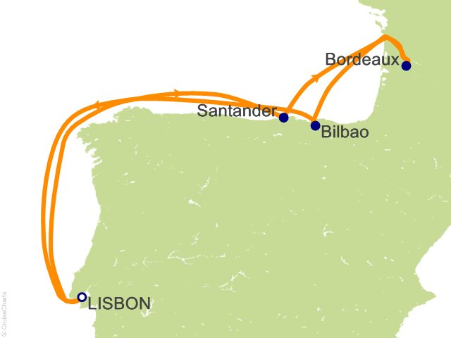 Seven Seas Grandeur Voyage GRA270428 itinerary map from LISBON to LISBON, April 28-May 8 2027, 10 days