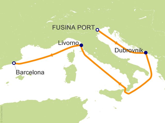 Seven Seas Grandeur Voyage GRA270719 itinerary map from VENICE (FUSINA) to BARCELONA, July 19-29 2027, 10 days