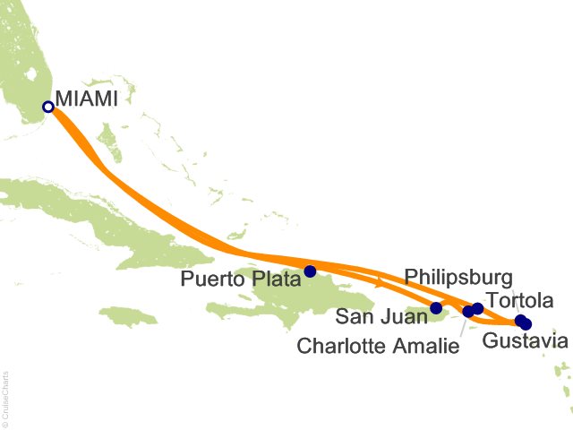 Seven Seas Grandeur Voyage GRA271128 itinerary map from MIAMI to MIAMI, November 28-December 8 2027, 10 days