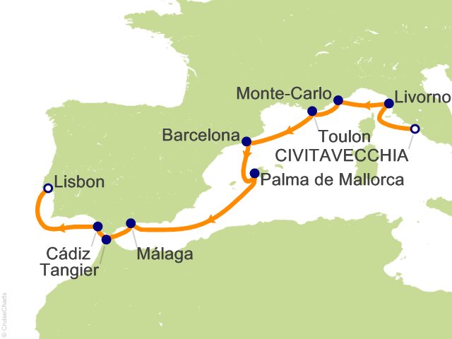 Seven Seas Grandeur Voyage GRA270807 itinerary map from ROME (CIVITAVECCHIA) to LISBON, August 7-17 2027, 10 days