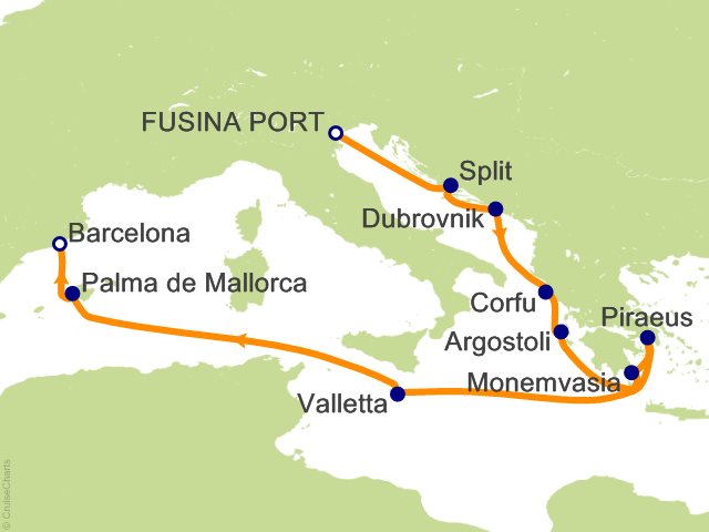 Seven Seas Grandeur Voyage GRA270602 itinerary map from VENICE (FUSINA) to BARCELONA, June 2-13 2027, 11 days