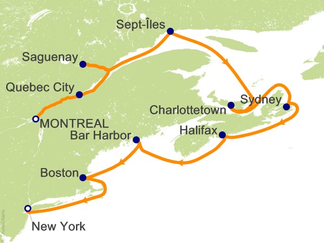 Seven Seas Grandeur Voyage GRA271024 itinerary map from MONTRÉAL to NEW YORK, October 24-November 4 2027, 11 days