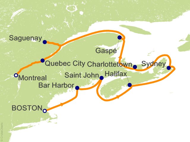 Seven Seas Grandeur Voyage GRA271013 itinerary map from BOSTON to MONTRÉAL, October 13-24 2027, 11 days