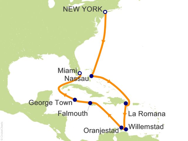 Seven Seas Grandeur Voyage GRA271104 itinerary map from NEW YORK to MIAMI, November 4-18 2027, 14 days