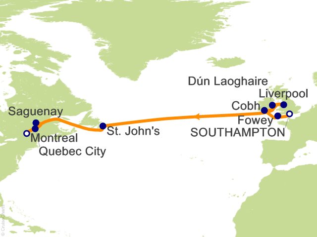 Seven Seas Grandeur Voyage GRA270827 itinerary map from LONDON (SOUTHAMPTON) to MONTRÉAL, August 27-September 10 2027, 14 days