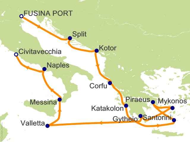 Seven Seas Grandeur Voyage GRA270627A itinerary map from VENICE (FUSINA) to ROME (CIVITAVECCHIA), June 27-July 11 2027, 14 days