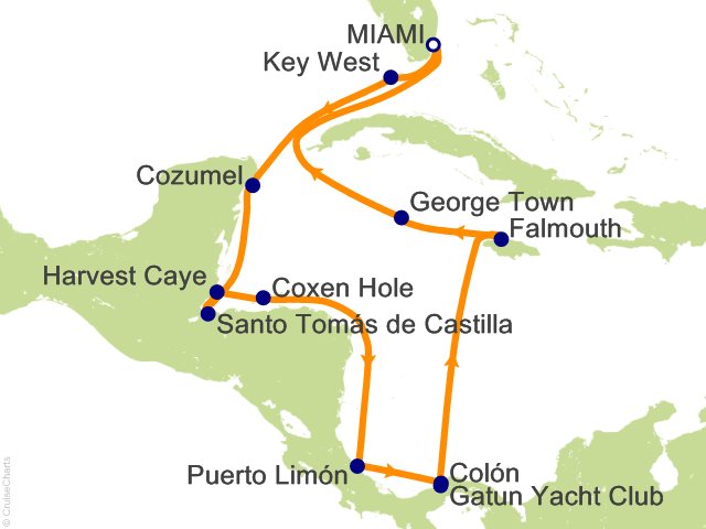Seven Seas Grandeur Voyage GRA271222 itinerary map from MIAMI to MIAMI, December 22-January 5 2028, 14 days