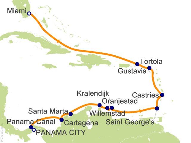 Seven Seas Grandeur Voyage GRA270331 itinerary map from PANAMA CITY to MIAMI, March 31-April 14 2027, 14 days