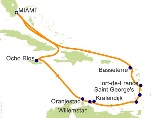 Seven Seas Grandeur Voyage GRA271208 itinerary map from MIAMI to MIAMI, December 8-22 2027, 14 days