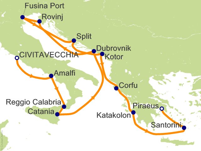 Seven Seas Grandeur Voyage GRA270620A itinerary map from ROME (CIVITAVECCHIA) to ATHENS (PIRAEUS), June 20-July 4 2027, 14 days