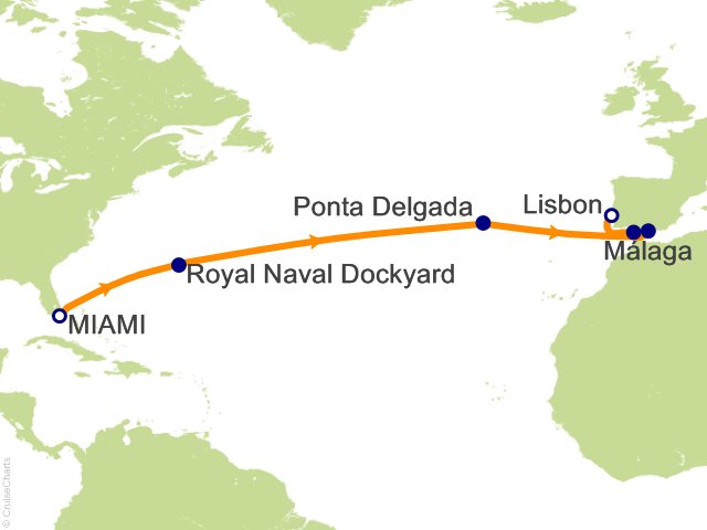 Seven Seas Grandeur Voyage GRA270414 itinerary map from MIAMI to LISBON, April 14-28 2027, 14 days