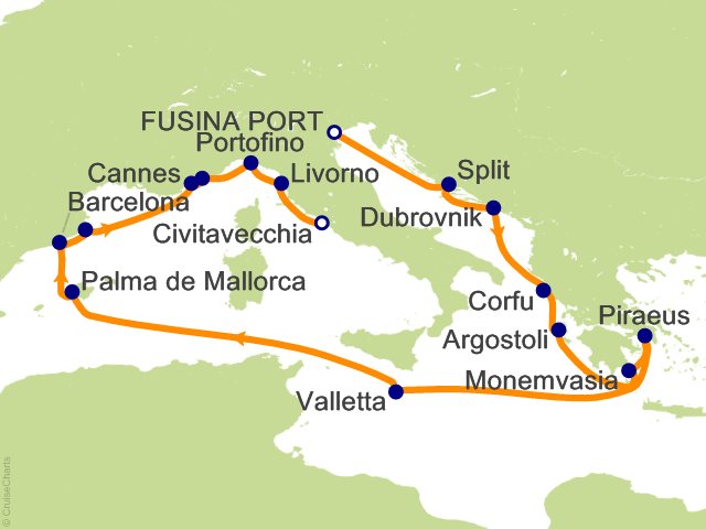 Seven Seas Grandeur Voyage GRA270602A itinerary map from VENICE (FUSINA) to ROME (CIVITAVECCHIA), June 2-20 2027, 18 days