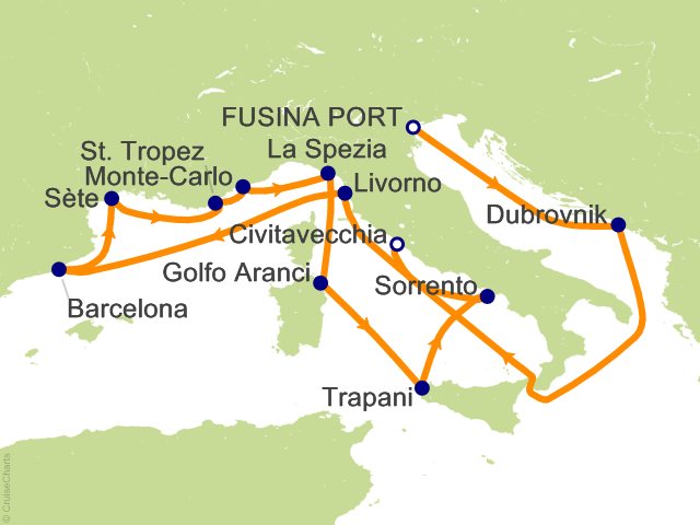 Seven Seas Grandeur Voyage GRA270719A itinerary map from VENICE (FUSINA) to ROME (CIVITAVECCHIA), July 19-August 7 2027, 19 days