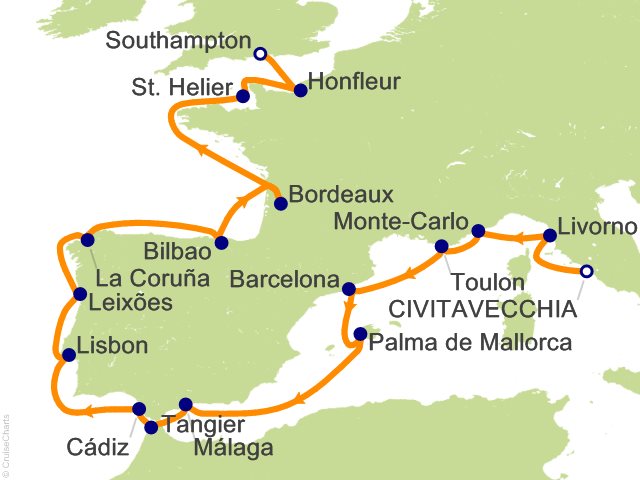 Seven Seas Grandeur Voyage GRA270807A itinerary map from ROME (CIVITAVECCHIA) to LONDON (SOUTHAMPTON), August 7-27 2027, 20 days