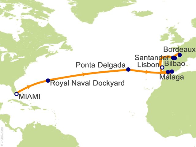 Seven Seas Grandeur Voyage GRA270414A itinerary map from MIAMI to LISBON, April 14-May 8 2027, 24 days