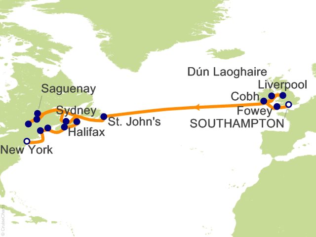 Seven Seas Grandeur Voyage GRA270827A itinerary map from LONDON (SOUTHAMPTON) to NEW YORK, August 27-September 21 2027, 25 days