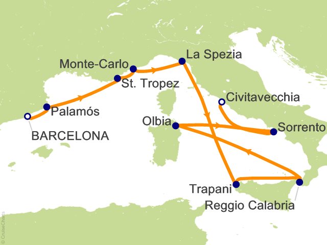 Seven Seas Grandeur Voyage GRA270515 itinerary map from BARCELONA to ROME (CIVITAVECCHIA), May 15-25 2027, 10 days