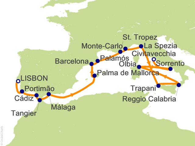 Seven Seas Grandeur Voyage GRA270508A itinerary map from LISBON to ROME (CIVITAVECCHIA), May 8-25 2027, 17 days