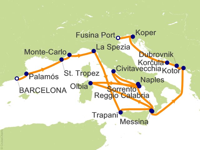 Seven Seas Grandeur Voyage GRA270515A itinerary map from BARCELONA to VENICE (FUSINA), May 15-June 2 2027, 18 days
