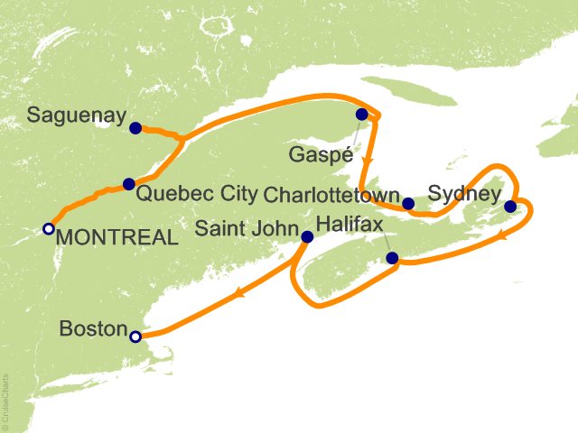 Seven Seas Grandeur Voyage GRA271002 itinerary map from MONTRÉAL to BOSTON, October 2-13 2027, 11 days