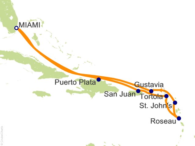 Seven Seas Grandeur Voyage GRA280315 itinerary map from Miami to Miami, March 15-25 2028, 10 days