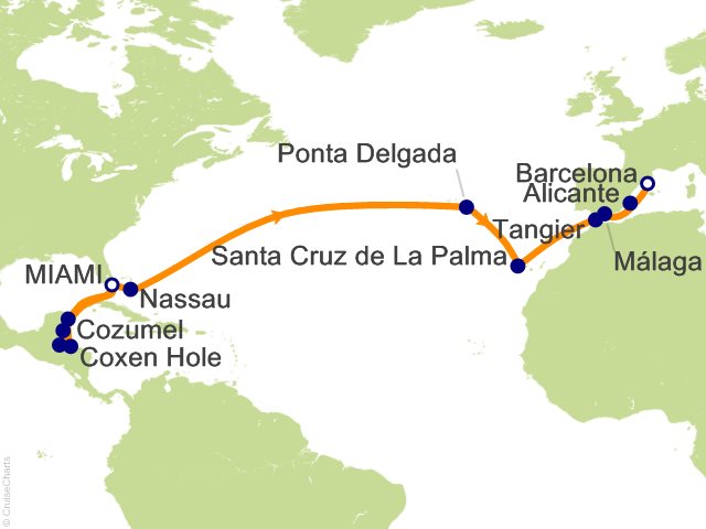 Seven Seas Grandeur Voyage GRA280325A itinerary map from Miami to Barcelona, March 25-April 16 2028, 22 days