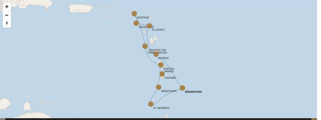 Seven Seas Grandeur Voyage GRA280115 itinerary map from BRIDGETOWN to BRIDGETOWN, January 15-25 2028, 10 days