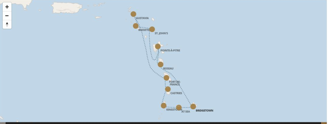 Seven Seas Grandeur Voyage GRA280125 itinerary map from BRIDGETOWN to BRIDGETOWN, January 25-February 4 2028, 10 days
