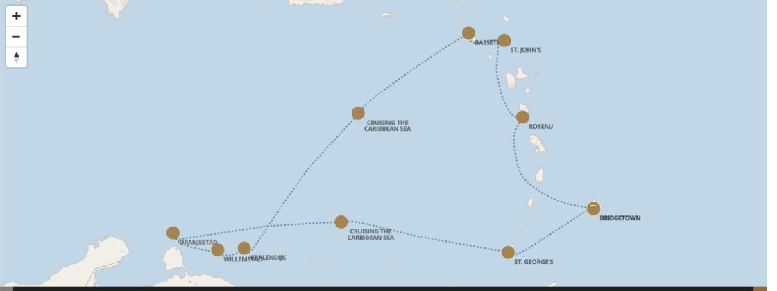 Seven Seas Grandeur Voyage GRA280204 itinerary map from BRIDGETOWN to BRIDGETOWN, February 4-14 2028, 10 days