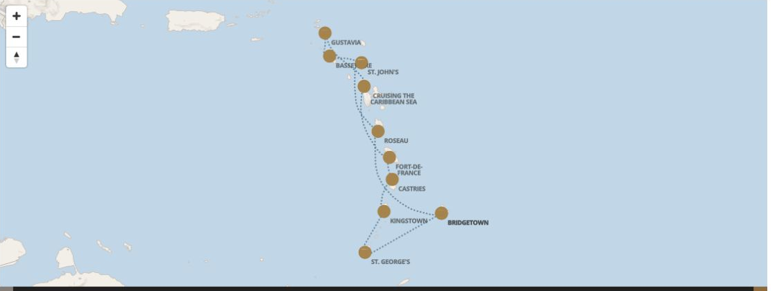 Seven Seas Grandeur Voyage GRA280214 itinerary map from BRIDGETOWN to BRIDGETOWN, February 14-24 2028, 10 days