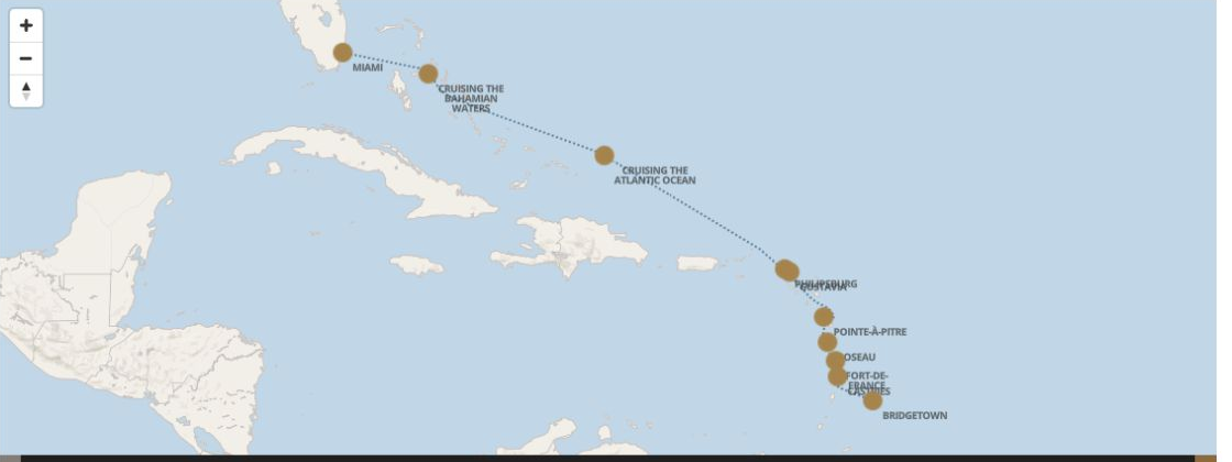Seven Seas Grandeur Voyage GRA280224 itinerary map from BRIDGETOWN to MIAMI, February 24-March 4 2028, 9 days