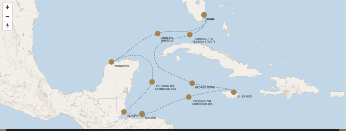 Seven Seas Grandeur Voyage GRA280304 itinerary map from MIAMI to MIAMI, March 4-14 2028, 10 days