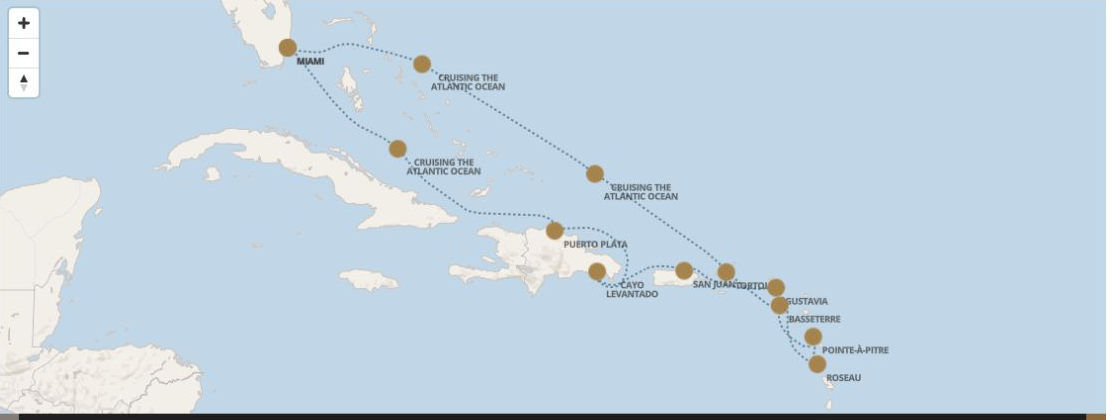 Seven Seas Grandeur Voyage GRA280320 itinerary map from MIAMI to MIAMI, March 20-April 1 2028, 12 days