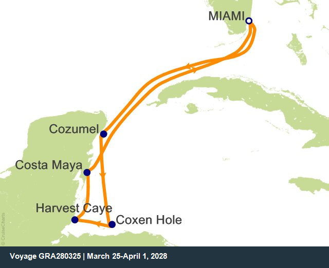 Seven Seas Grandeur Voyage GRA280325 itinerary map from Miami to Miami, March 25-April 1 2028, 7 days