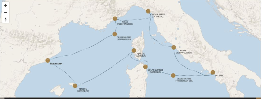 Seven Seas Grandeur Voyage GRA280416 itinerary map from BARCELONA to BARCELONA, April 16-26 2028, 10 days
