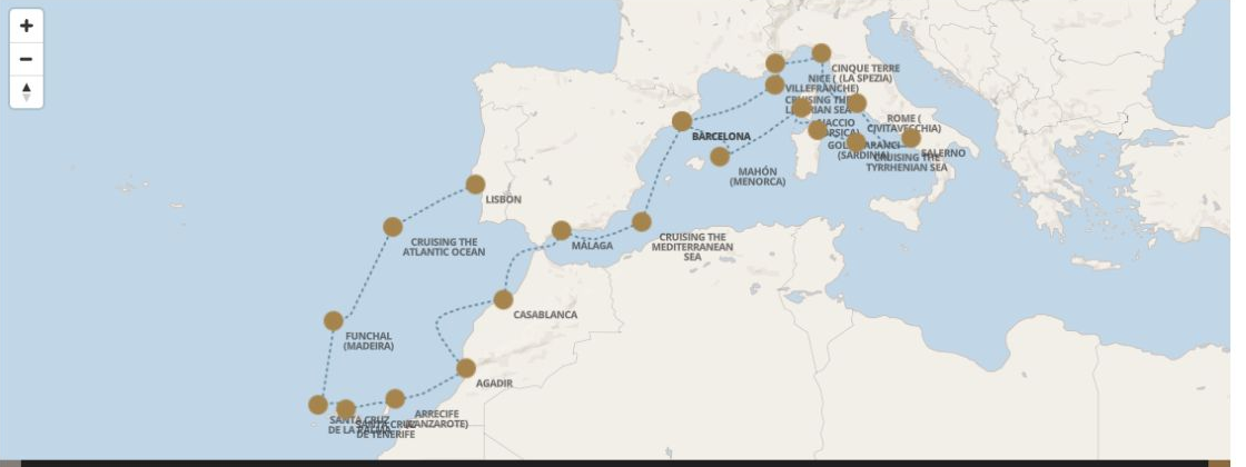 Seven Seas Grandeur Voyage GRA280416A itinerary map from BARCELONA to LISBON, April 16-May 6 2028, 20 days