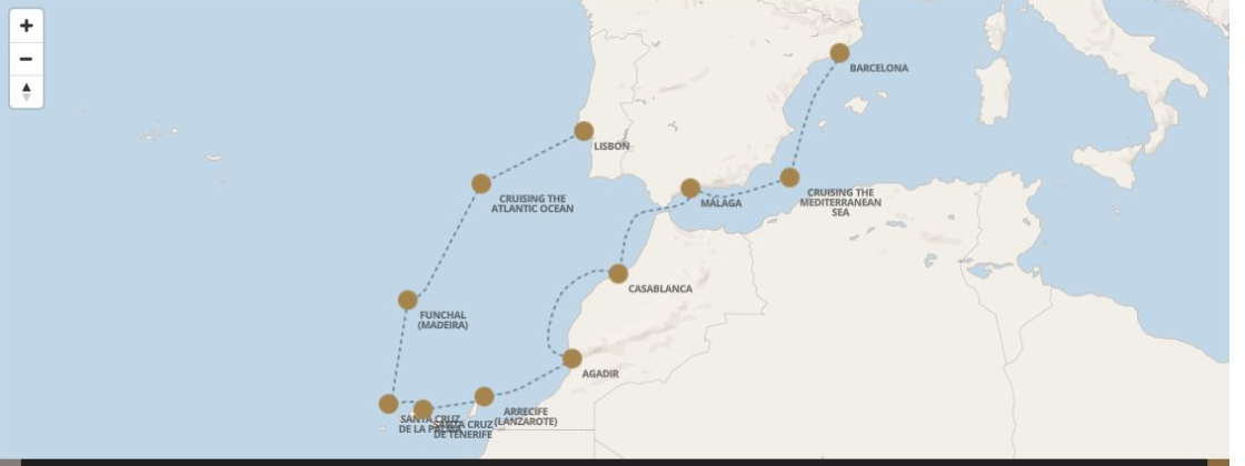 Seven Seas Grandeur Voyage GRA280426 itinerary map from BARCELONA to LISBON, April 26-May 6 2028, 10 days