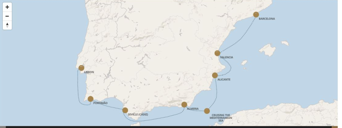 Seven Seas Grandeur Voyage GRA280506 itinerary map from LISBON to BARCELONA, May 6-13 2028, 7 days