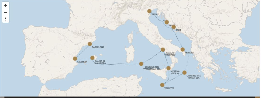 Seven Seas Grandeur Voyage GRA280527 itinerary map from VENICE (FUSINA) to BARCELONA, May 27-June 7 2028, 11 days