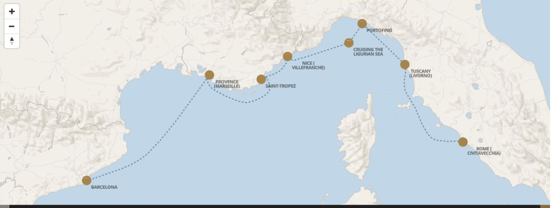 Seven Seas Grandeur Voyage GRA280607 itinerary map from BARCELONA to ROME (CIVITAVECCHIA), June 7-14 2028, 7 days