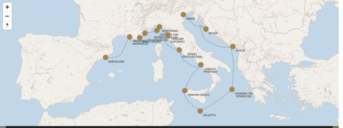 Seven Seas Grandeur Voyage GRA280607A itinerary map from BARCELONA to VENICE (FUSINA), June 7-21 2028, 14 days