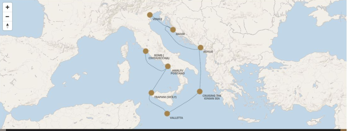 Seven Seas Grandeur Voyage GRA280614 itinerary map from ROME (CIVITAVECCHIA) to VENICE (FUSINA), June 14-21 2028, 7 days
