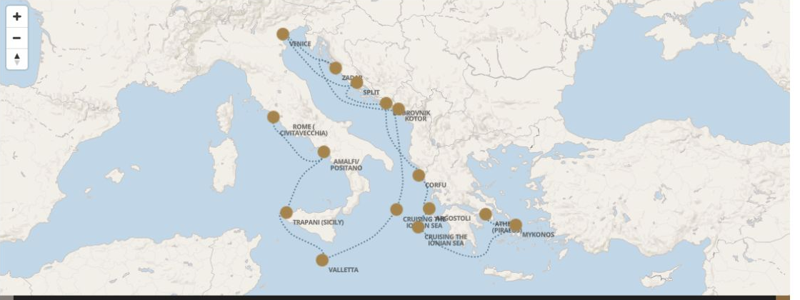 Seven Seas Grandeur Voyage GRA280614A itinerary map from ROME (CIVITAVECCHIA) to ATHENS (PIRAEUS), June 14-28 2028, 14 days