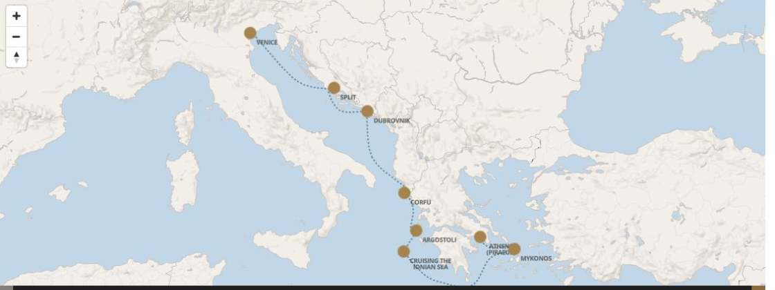 Seven Seas Grandeur Voyage GRA280621 itinerary map from VENICE (FUSINA) to ATHENS (PIRAEUS), June 21-28 2028, 7 days