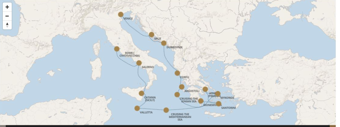 Seven Seas Grandeur Voyage GRA280621A itinerary map from VENICE (FUSINA) to ROME (CIVITAVECCHIA), June 21-July 5 2028, 14 days