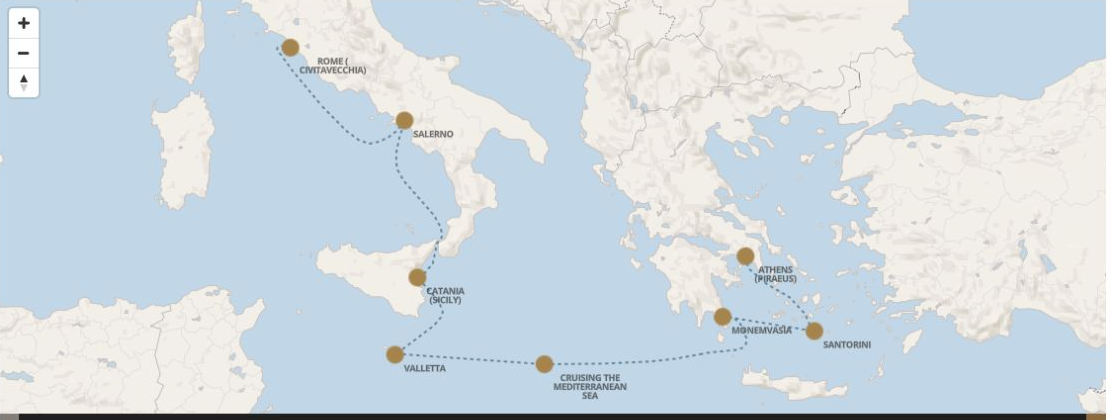 Seven Seas Grandeur Voyage GRA280628 itinerary map from ATHENS (PIRAEUS) to ROME (CIVITAVECCHIA), June 28-July 5 2028, 7 days