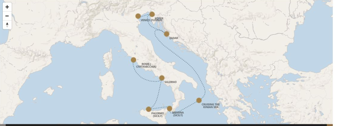 Seven Seas Grandeur Voyage GRA280705 itinerary map from ROME (CIVITAVECCHIA) to VENICE (FUSINA), July 5-12 2028, 7 days