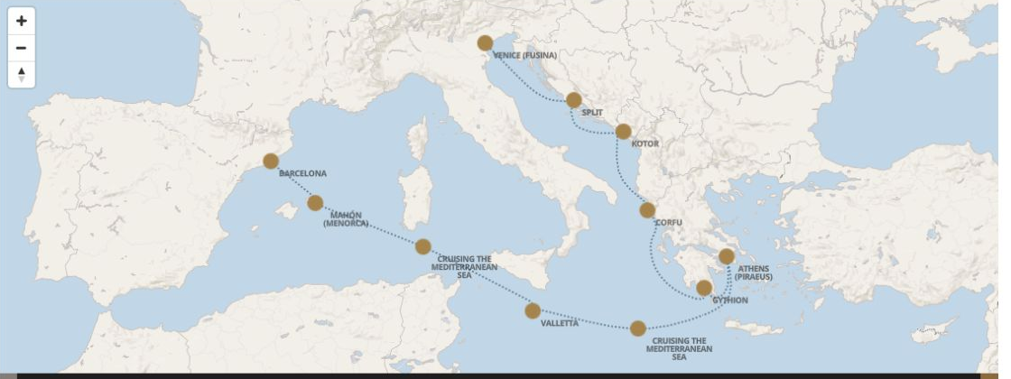 Seven Seas Grandeur Voyage GRA280712 itinerary map from VENICE (FUSINA) to BARCELONA, July 12-22 2028, 10 days